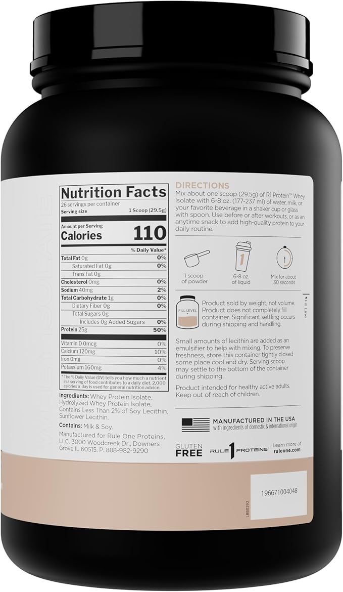 Rule 1 Naturally Flavored R1 Protein Whey Isolate - Clean Formula with 25g Protein &amp 6g BCAA Exclusively Isolated &amp Hydrolyzed Sources for Workout Recovery (1.7 Pounds* Unflavored)