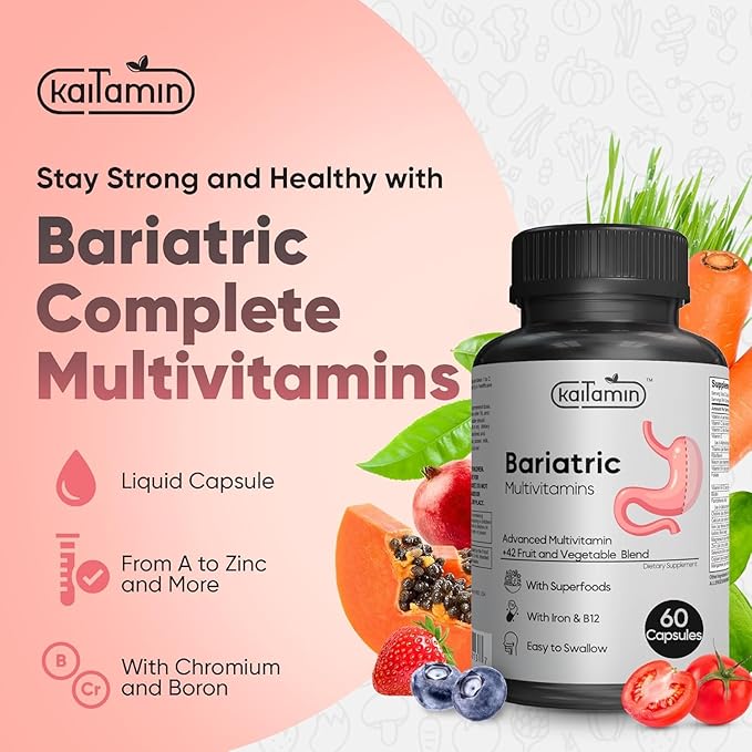 Bariatric Multivitamin with Iron – Post Bariatric Surgery – Gastric Bypass &amp Sleeve Support – for Women &amp Men – Easy to Swallow – B12 B6 &amp 42 Superfoods –Gluten-Free- 120 Caps 2-Month Sup