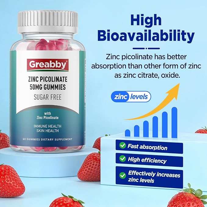 Zinc Gummies - Zinc Picolinate 50mg Sugar Free Highly Absorbable Zinc Picolinate Supplement for Kids &amp Adults Support Growth Immune Function Skin Health 60 Gummies