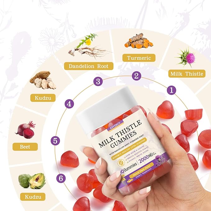 Milk Thistle Gummies with 2000MG Extract Liver Health Support Gummies Silymarin Milk Thistle Supplement with Artichoke Dandelion Turmeric Curcumin No Sugar for Adults Vegan 180 Count