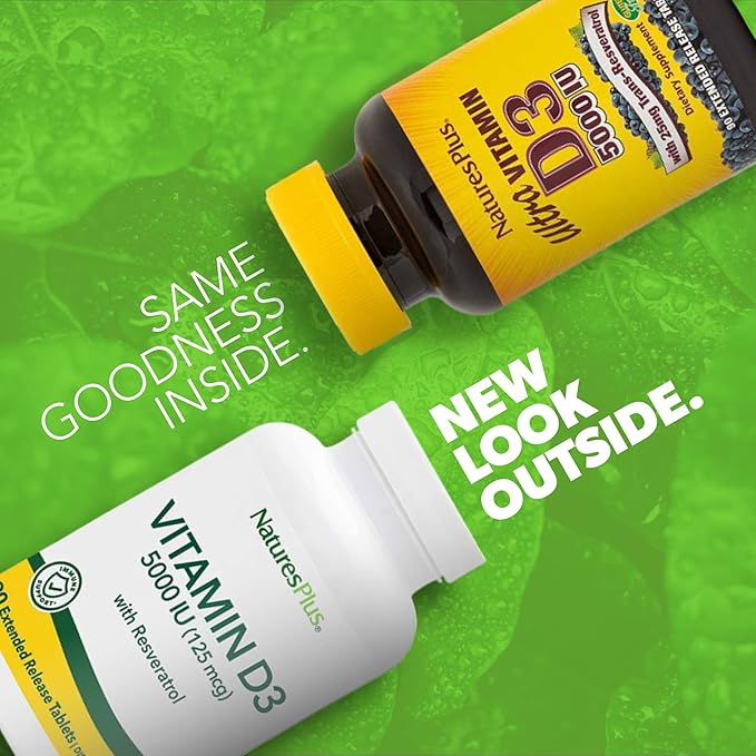 NaturesPlus Vitamin D3 Extended Release - 90 Vegan Tablets - 5000 IU + 25 mg Trans-Resveratrol - Heart &amp Bone Health Immune System Support Anti-Aging - Gluten Free - 90 Servings