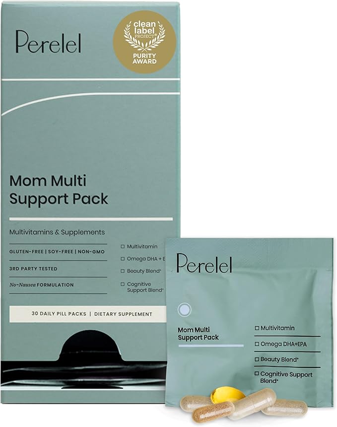 Perelel Mom Multi Support Pack Postnatal Vitamins for Women with Omega 3 Dha Iron Collagen &amp Vitamin B12 to Support Postpartum Health Soy &amp Gluten Free Non GMO 30 Daily Pill Packs