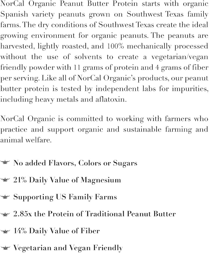 Norcal Organic Peanut Butter Protein Powder - 2lb | Vegan Low-Cal 11g Protein | from Southwest Texas Organic Farms