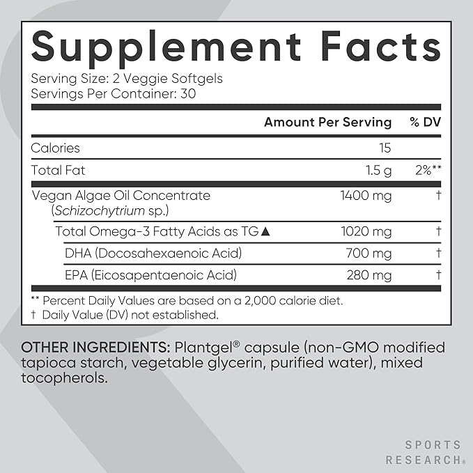Sports Research Vegan Omega-3 Fish Oil Alternative from Algae Oil - Highest Levels of Vegan DHA &amp EPA Fatty Acids | Non-GMO Tested &amp Vegan Certified - 60 Veggie Softgels (Carrageenan Free)