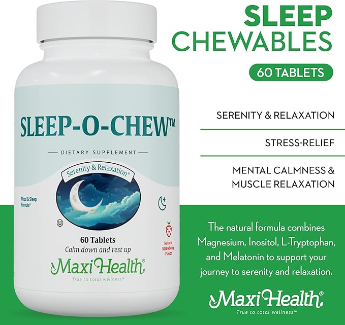 Maxi Health Sleep-O-Chew Strawberry Chewable Tablets with Magnesium Inositol L-Tryptophan 3mg Melatonin for Sleep Support - Non Habit Forming Sleep Aid for Adults Kosher Sleep Supplement 60 Count