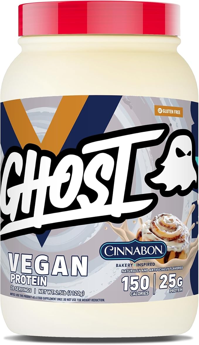 GHOST Vegan V2 Protein Powder Cinnabon - 2LB Tub 25G of Protein - Plant-Based Pea &amp Organic Pumpkin Blend Protein with Fiber &amp Iron ­- Flavored Post Workout Shakes - Soy &amp Gluten Free