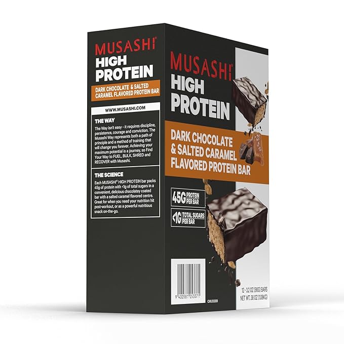 MUSASHI High Protein Bar 45g Protein &lt1g Total Sugars Dark Chocolate &amp Salted Caramel Post Workout and Protein Snack On The Go 12 Pack of 3.2oz (90g) Bars