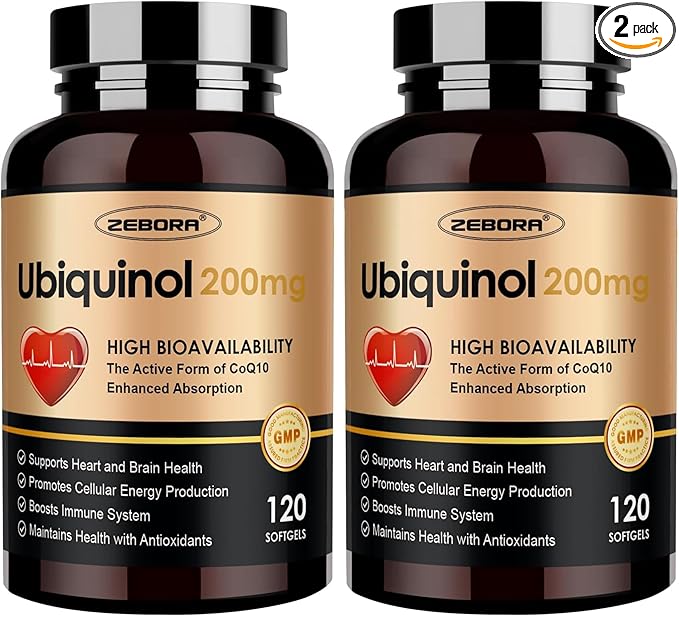 ZEBORA Ubiquinol CoQ10 200mg Softgels 4-in-1 Powerful Antioxidant for Heart and Vascular Health Essential for Energy Production Max Absorption Active Form of CoQ10 120 Softgels (Pack of 2)