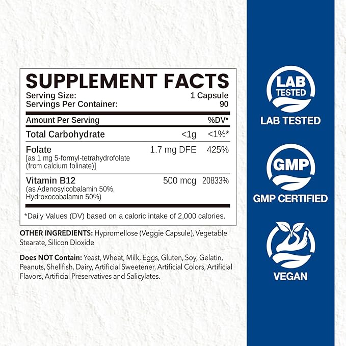 Active Folate (Folinic Acid 1000 MCG) + B12 500 mcg (Adenosyl &amp Hydroxo) Gentle &amp Highly Absorbable Supports Energy Brain Health &amp Metabolism Vegan 90 ct