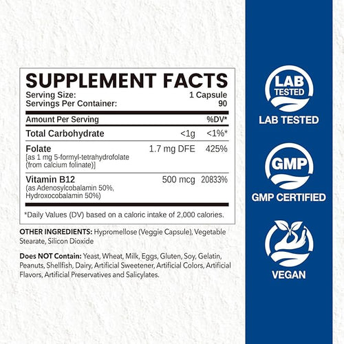 Active Folate (Folinic Acid 1000 MCG) + B12 500 mcg (Adenosyl &amp Hydroxo) Gentle &amp Highly Absorbable Supports Energy Brain Health &amp Metabolism Vegan 90 ct