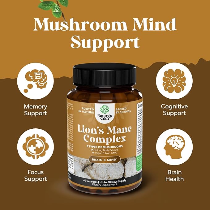 Bundle of Nootropic Brain Supplement for Mental Health &amp Clarity with VIT A B6 Riboflavin Niacin Thiamin Folate and Advanced Lion's Mane Mushroom Supplement - Brain Health Memory Support &amp