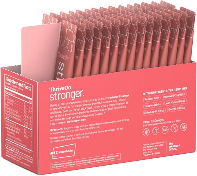 ThriveOn Stronger - Women's Creatine &amp Collagen Supplement for Midlife Support - Bone Muscle Cognitive &amp Energy Support* - Gluten-Free &amp Dairy-Free - Orange-Mango Flavor - 30 Count (30 S
