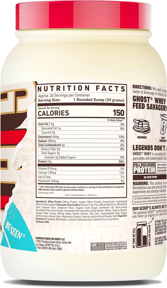 GHOST Whey Protein Powder Chocolate Chip Cookies - 2LB 25G of Protein - Whey Protein Isolate &amp Concentrate Blend - ­Post Workout Fitness &amp Nutrition Shakes with Real Cookie Pieces - Gluten-F