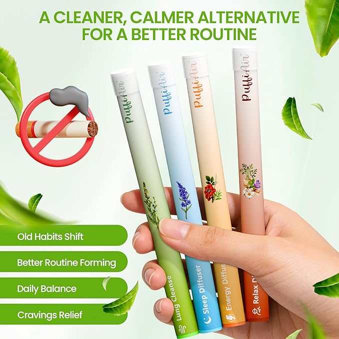 PUFFIAIR Herbal Diffuser Pen 4 Pack Clean Botanical Aromatherapy Diffusers Four Aroma Variety Set Cool Mint &amp Herbal Scents Smooth Daily Experience Up to 600 Uses Each