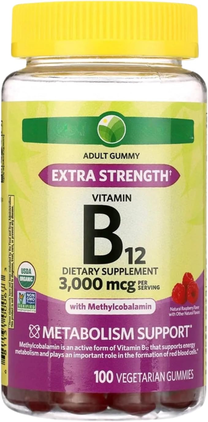 KP+ Spring Valley Vitamin B12 | B12 3000 mcg Extra Strength | Vitamin Supplement with Methylcobalamin | Metabolism Support | Raspberry Flavor | 100 Vegetarian Gummies | Pack of 1