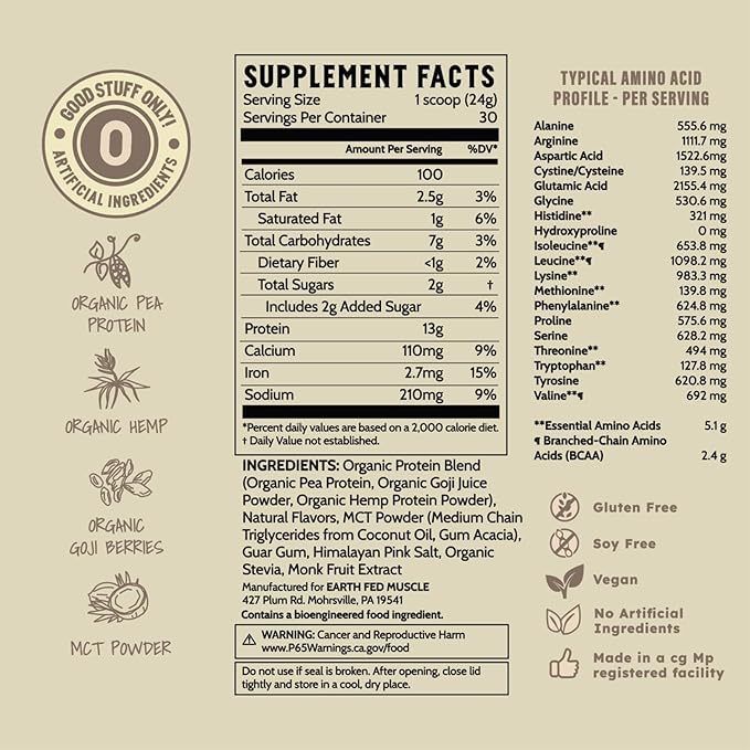 Earth Fed Muscle Common Ground Vanilla Vegan Protein Powder - Organic Plant Based Protein Powder with Pea Hemp Goji MCT Soy-Free Gluten-Free Vegan Protein for Women &amp Men - 30 Servings