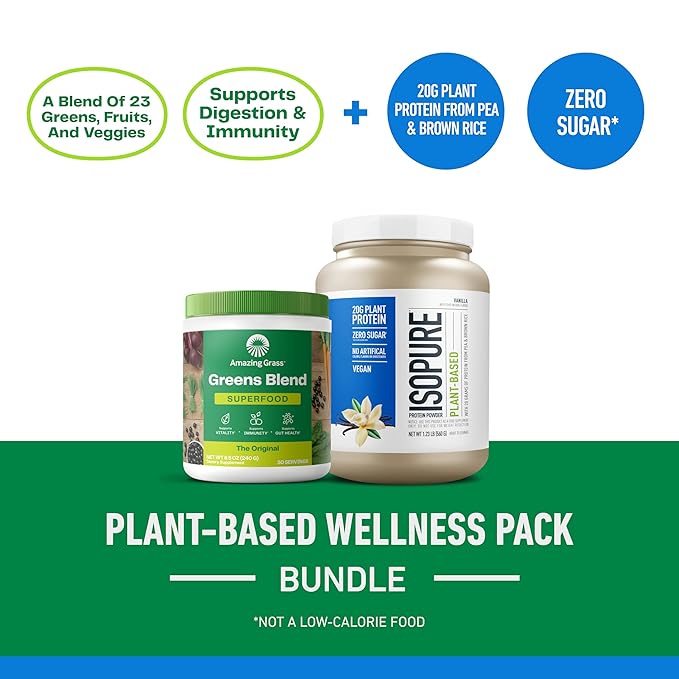 Bundle of Amazing Grass Greens Superfood Powder: Original 30 Servings + Isopure Vanilla Vegan Protein Powder Plant Based Organic Pea Protein Dairy Free 20 Servings (Packaging May Vary)