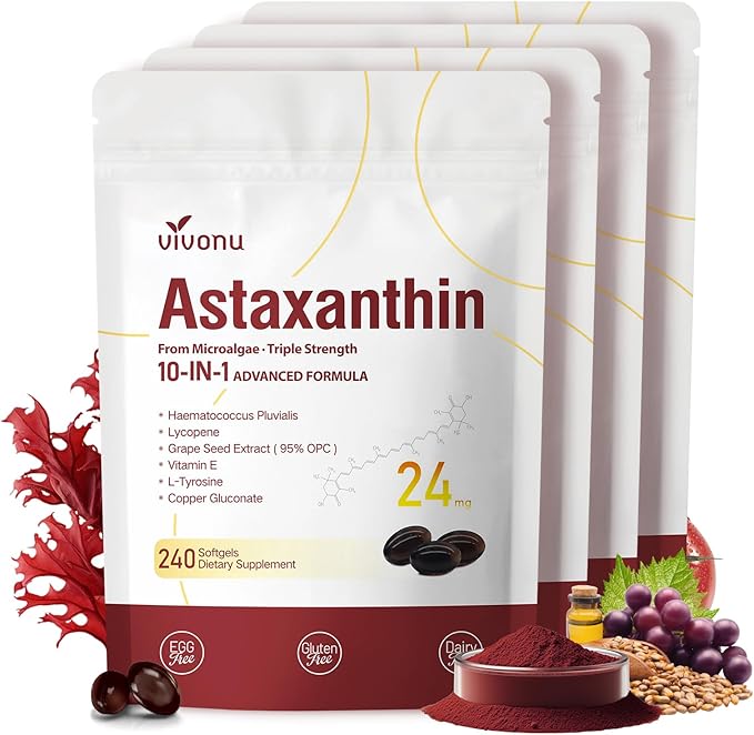 VivoNu Astaxanthin 24mg – Powerful Antioxidant Support for Skin Eyes &amp Immune System – 10-in-1 Formula with Lycopene Grape Seed Vitamin E &amp Zinc – Triple Strength 960 Softgels 4 Bag