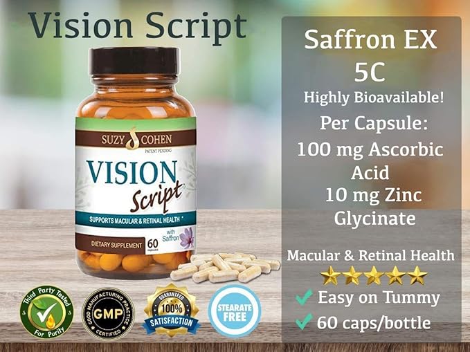 Vision Script with Saffron for Macular and Retinal Eye Health 60 Servings- Each Capsule Contains Saffron Black Currant Lutein Zeaxanthin Vitamin C and E and Zinc Glycinate.