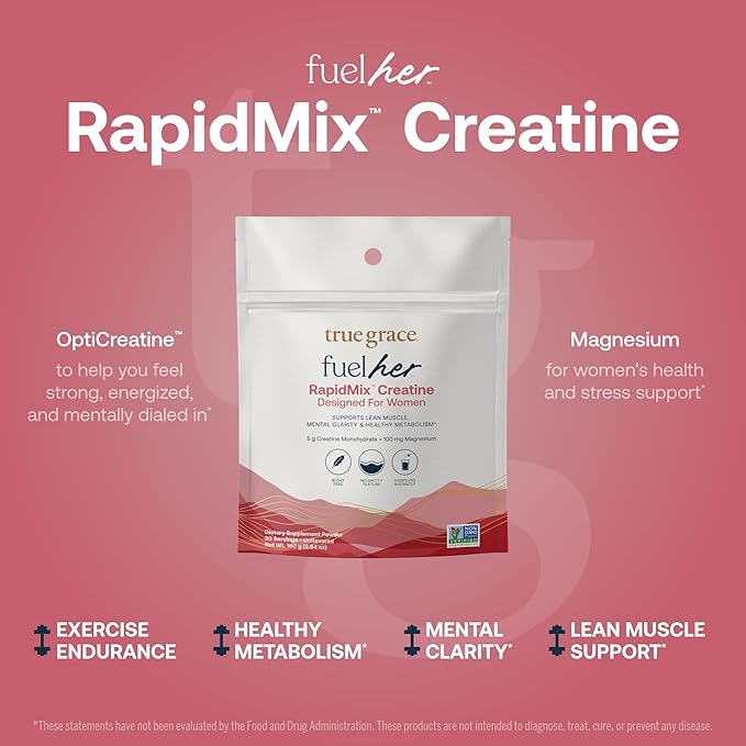 True Grace FuelHer RapidMix Creatine Monohydrate - Unflavored - for Women - Supports Lean Muscle Mental Clarity &amp Metabolism - 100 mg Magnesium - Bloat Free - Mixes Instantly - Non-GMO - 30 Servi