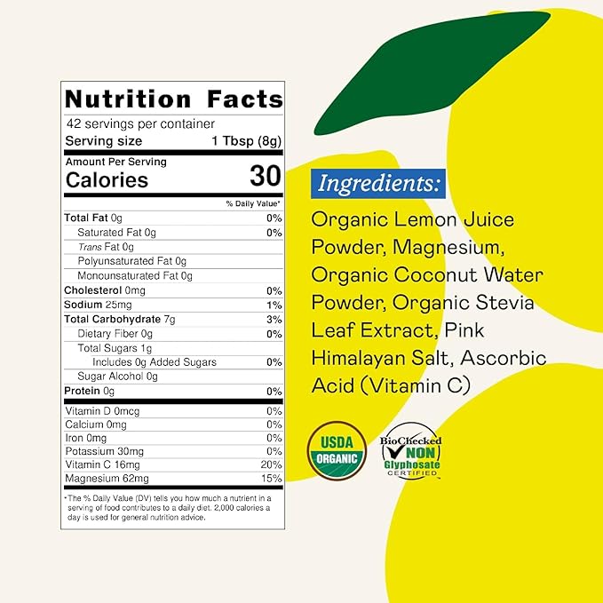 GOODONYA Organic Hydration Electrolyte Drink Mix Certified Organic Hydration Powder Non-GMO Biochecked Glyphosate Free Low Sugar Lemonade Flavor No Artificial Flavors 42 Servings
