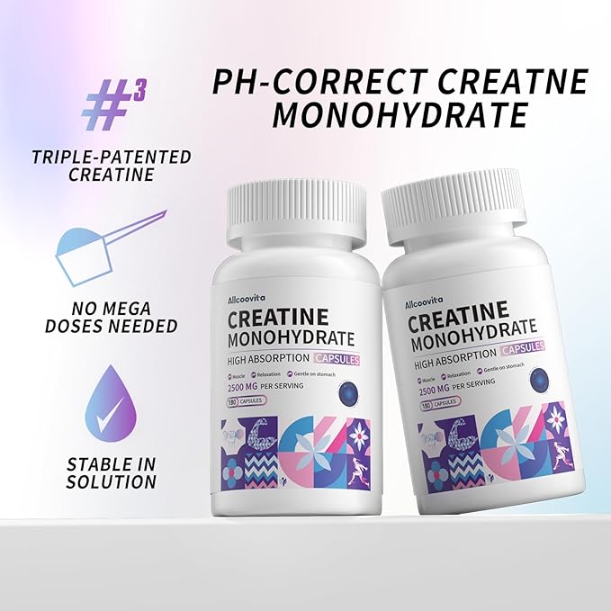 Creatine Monohydrate Capsules -3 Creatine Capsules per Serving 2500mg Gluten Free 180 Capsules