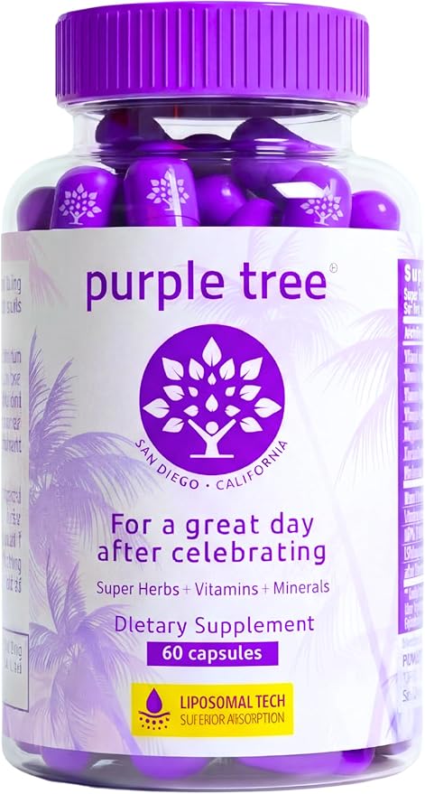 purple tree Post-Celebration Wellness Supplement | Liposomal Dihydromyricetin (DHM) L-Glutathione Milk Thistle for Liver Support &amp Hydration | Electrolytes B Vitamins Willow Bark | 60 Capsules