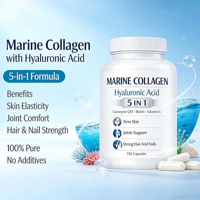 Colágeno Marino + Ácido hialurónico 5 in 1 Premium Formula 150 Capsules for Skin Hair Nails Health Hydrolyzed Collagen Type I with CoQ10 Biotin Vitamin C