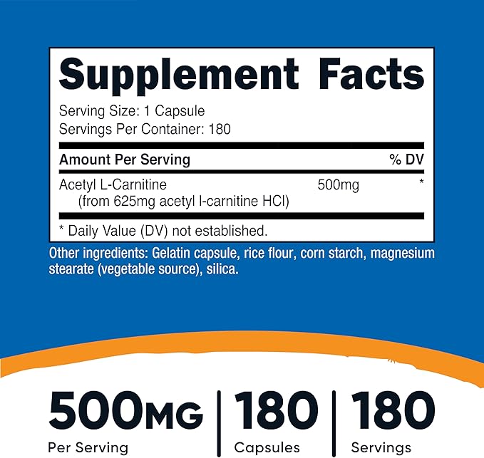 Nutricost Acetyl L-Carnitine 500mg 180 Capsules - Non-GMO and Gluten Free (3 Bottles)