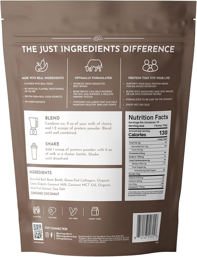 Bone Broth Protein Powder – Chocolate | 15 Servings | 21g Grass-Fed Protein per Serving | Dairy-Free | Collagen for Gut Skin &amp Joint Support | Made with Real Food Ingredients