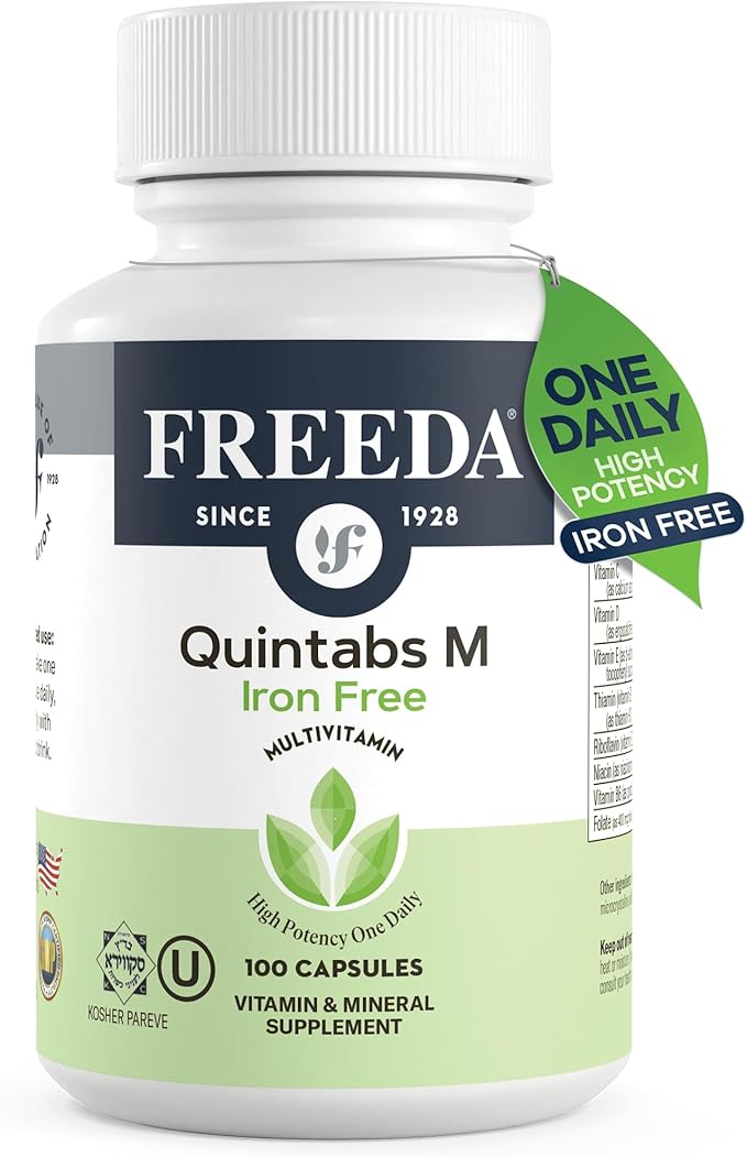 FREEDA One Daily Multivitamin Without Iron – Quintabs-M Iron-Free – Kosher Balanced Multivitamin Supplements for Adults Men &amp Women's Health Complete Multivitamins (100 Capsules)