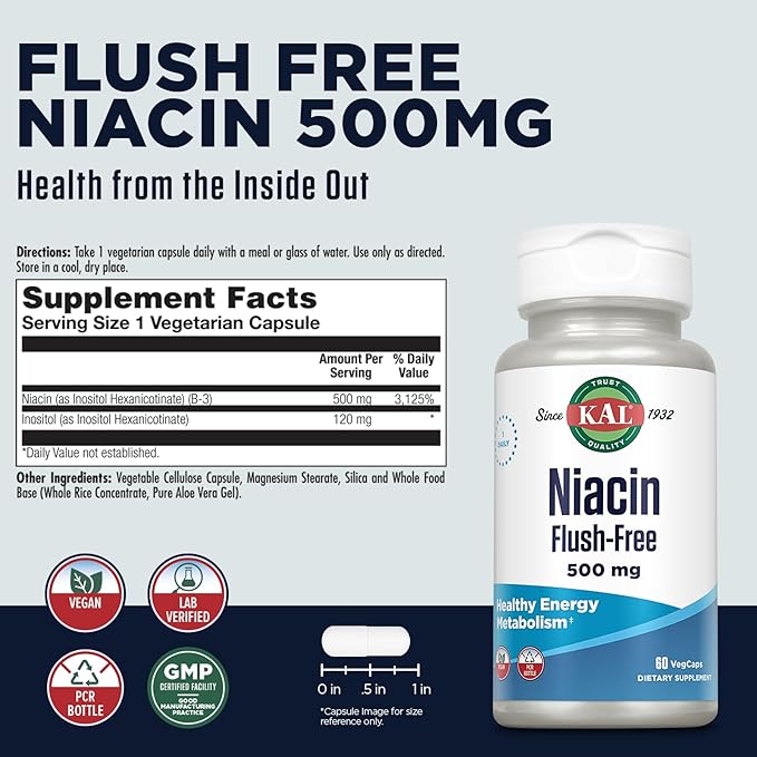KAL Niacin 500mg Flush Free - Vitamin B3 Supplement - Metabolism and Energy Support - Skin Nerve Digestive Health and Circulation Support - Vegan Vitamin 60-Day Guarantee 60 Servings 60 VegCaps