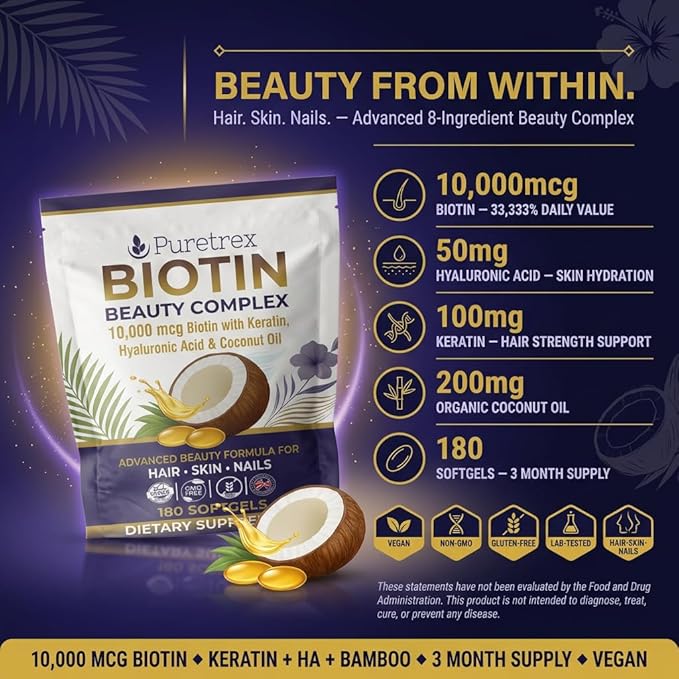 Biotin 10000mcg with Keratin Hyaluronic Acid &amp Coconut Oil | 180 Advanced Softgels Fast Absorption 3 Month Supply | Supports Strong Hair Skin &amp Nails | Non-GMO Gluten-Free UK Made