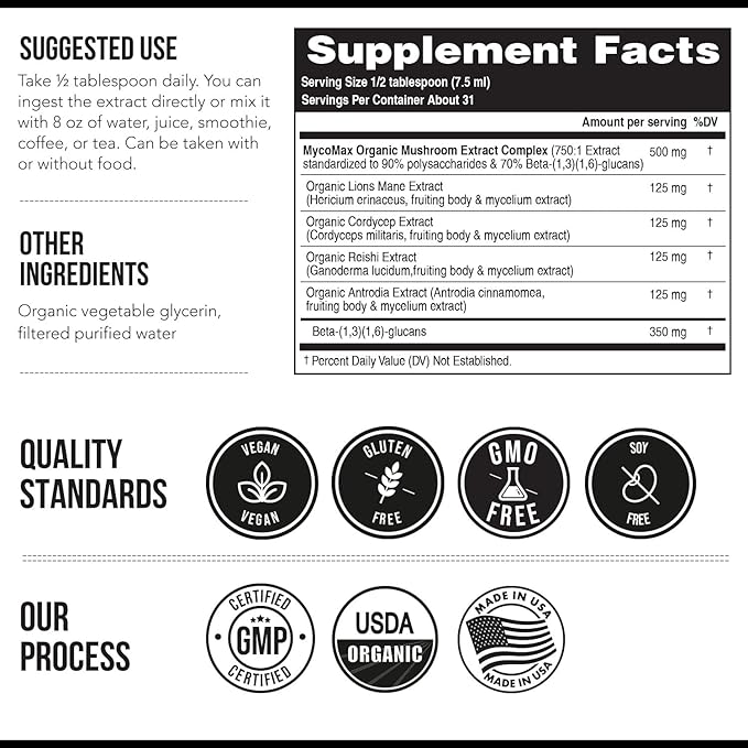 MycoMax Mushroom Complex - 70% Beta Glucans Max Potency Mushroom Supplement US Grown + Ultrasonic Extraction - Lions Mane Cordyceps Reishi &amp More - Promotes Cognition Immunity Energy - 8 oz.