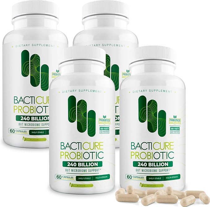 Bacticure Probiotic 240 Capsules | Probiotics Supplement w/High CFU Formula for Men &amp Women | Prebiotics &amp Digestive Enzymes for Digestion &amp Gut Health Vaginal Health Colon Cleanse Immu
