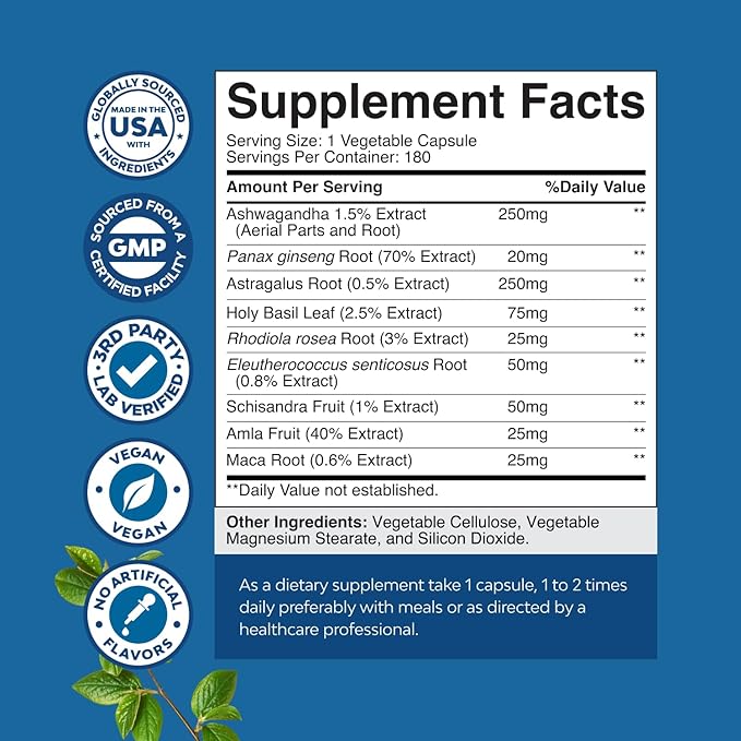 Herbal Adaptogen Mood Support Supplement - Calming Adaptogens Supplement for Stress &amp Cortisol Management with Ashwagandha Rhodiola Rosea &amp Maca Root - Vegan Non GMO &amp Daytime Friendly -18