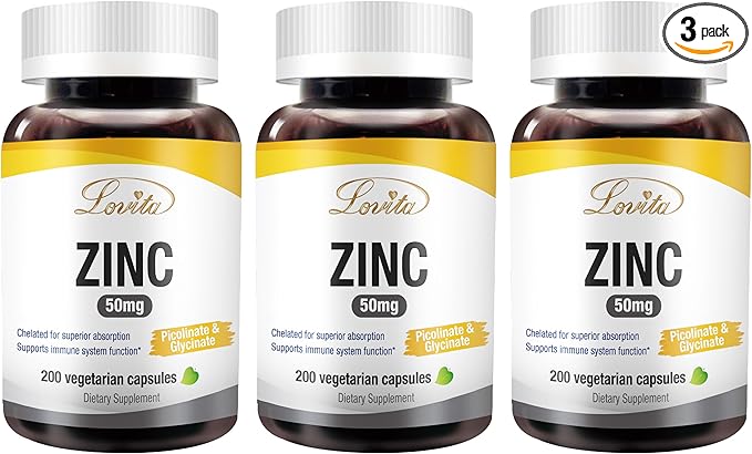 LOVITA Zinc 50mg | Potent Highly-Absorbed Chelated Zinc Supplements Picolinate &amp Bisglycinate | Vegan Gluten Free non-GMO | For Immune Antioxidant Support &amp Healthy Skin | 200 Capsules (Pa