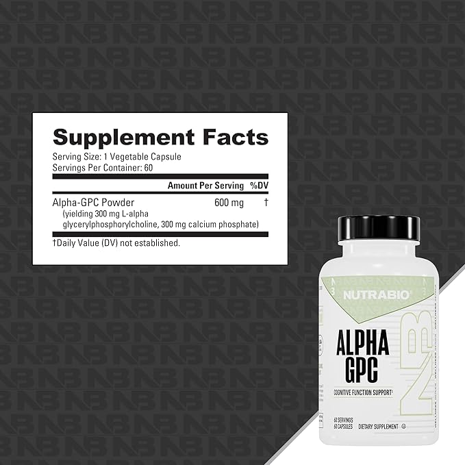 NutraBio Alpha GPC Brain Support &amp Improved Memory Function 300mg - 60 Vegetable Capsules