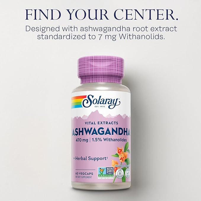 SOLARAY Vital Extracts Ashwagandha 470mg - Powerful Adaptogen - Ashwagandha Supplements w/ 7mg Withanolides Wellness Support Vegan Non-GMO Lab Verified 60-Day Guarantee 60 Servings 60 VegCaps
