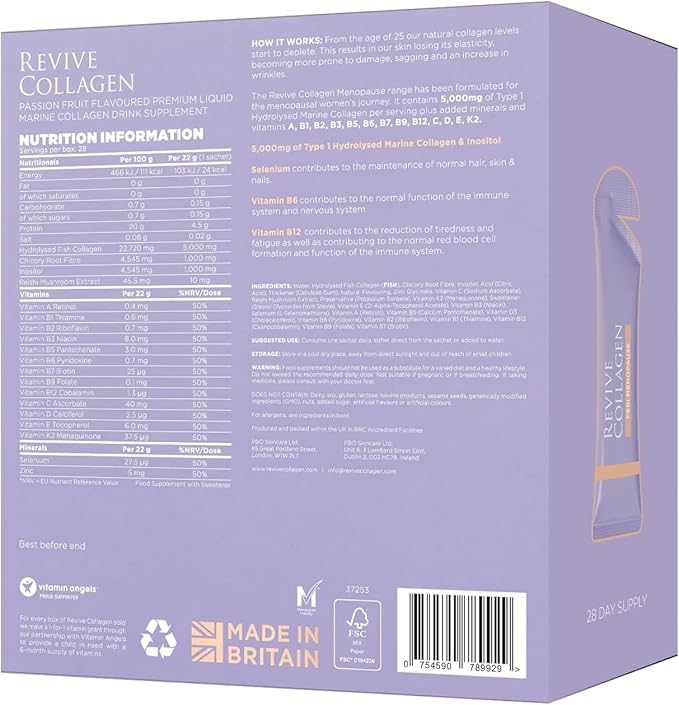 Revive Collagen Perimenopause — Hydrolyzed Marine Collagen Drink for Women 5000MG Inositol Selenium Vitamin B6-B12 C &amp D Supports Skin Wellness &amp Daily Energy Passionfruit Flavour — 28