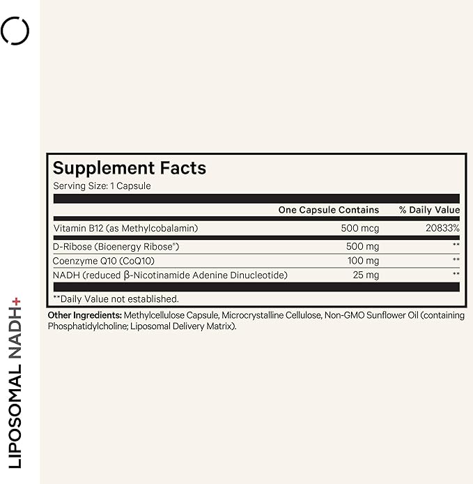 Codeage Liposomal NADH+ Supplement - NADH Vitamin B12 D-Ribose as Bioenergy Ribose CoQ10-2-Month Supply - Liposomal Delivery - β-Nicotinamide Adenine Dinucleotide Pills - Non-GMO - 60 Capsules