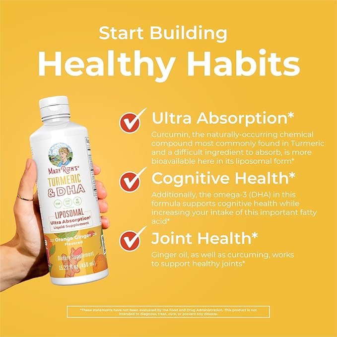 MARYRUTH'S Organics | Liposomal Turmeric &amp DHA | Curcumin | Ginger Root Oil | Algal DHA &amp Vitamin E | Cognitive Function | Mood Support | Joint Health | Liquid Supplement | 15.22 oz