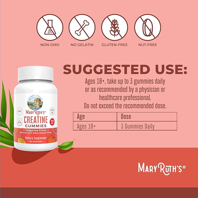 MaryRuth's Creatine Gummies | Creatine Monohydrate Gummies | 3g Creatine Per Serving | Creatine for Women &amp Men | Tangerine Citrus Flavor | Exercise | Workout | Sugar Free | Vegan | 90 Count