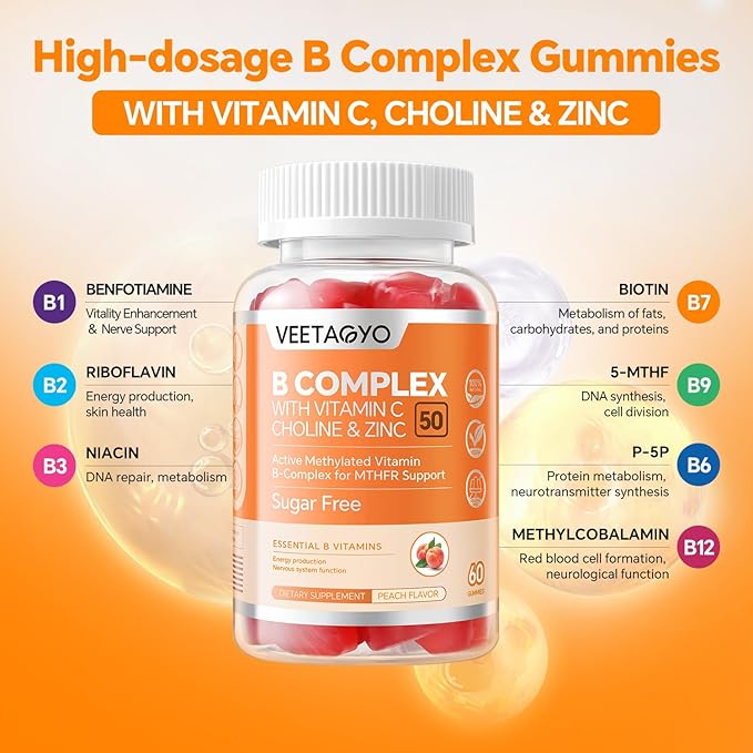 B Complex 50 Gummies Methylated B Complex with Vitamin CCholine &amp Zinc - Active Methylated B-Complex for EnergyMethylated Support - All B Vitamins - B1B2B3B5B6B7B9B12 - Sugar Free120 Co