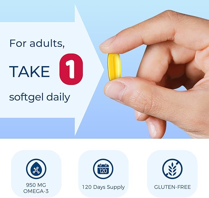 Vitamin World Triple Strength Omega 3 Fish Oil 1360 mg Supplement 950 mg Active Omega-3 Fatty Acids with EPA &amp DHA Supports Heart Brain &amp Joint Health Gluten Free 120 Softgels 4 Months S