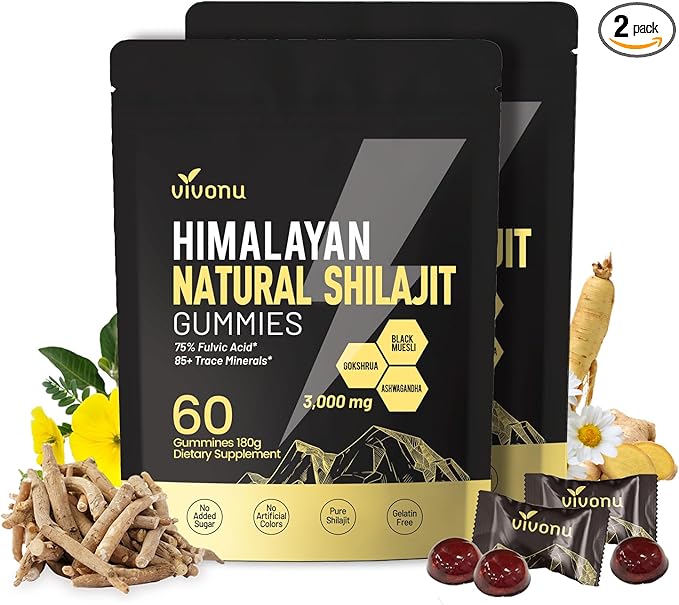 Himalayan Shilajit Gummies with Ashwagandha &amp Gokshura | 85+ &amp Fulvic Acid | Organic Non-GMO for Men &amp Women | 100% Pure &amp Natural