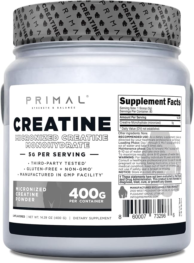 Primal Creatine Monohydrate Powder (400 Grams) | Unflavored Micronized Creatine Muscle Development Supplement for Pre-Workout &amp Recovery | 5g Creatine Monohydrate per Serving