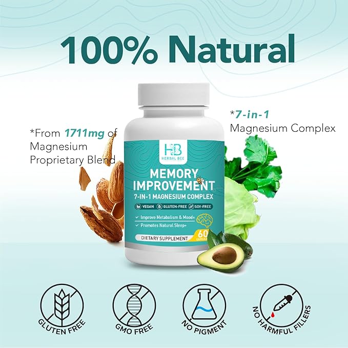 7-in-1 Magnesium Complex Capsules - High Absorption Memory Sleep &amp Mood Support - Magnesium Glycinate Malate Taurate Citrate and More - Vegan Gluten-Free Soy-Free | 60 Capsules