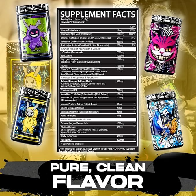 AFTERDARK INHUMAN Void Pre-Workout Powder Enhanced Mind-Muscle Connection Sustained Energy Potent Nootropic Blend Vegan Gluten-Free Soy-Free 400mg Caffeine No Crash Blue Madness