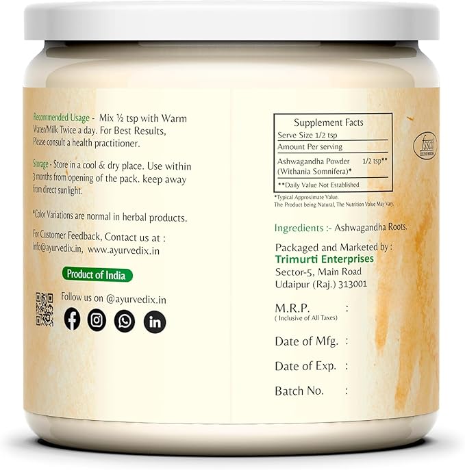 Organic Ashwagandha Root Powder | 5.29oz Reusable Jar | 100% Raw from India | Withania Somnifera - Ayurvedic Herbal Supplement Powder - Pack of 2